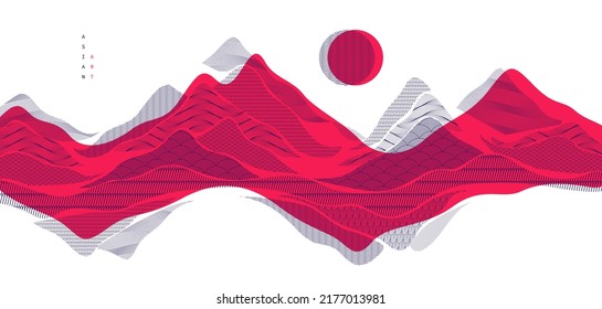 Oriental Japanese style vector abstract illustration in red color, background in Asian traditional style, wavy shapes and mountains terrain, runny like sea lines.