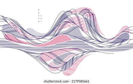 Oriental Japanese style vector abstract illustration, background in Asian traditional style, wavy shapes and mountains terrain, runny like sea lines.