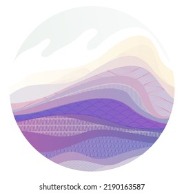 Oriental Japanese style vector abstract illustration in a shape of circle, background in Asian traditional style, wavy shapes and mountains terrain, runny like sea lines.