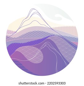 Oriental Japanese style vector abstract illustration in a shape of circle, background in Asian traditional style, wavy shapes and mountains terrain, runny like sea lines.