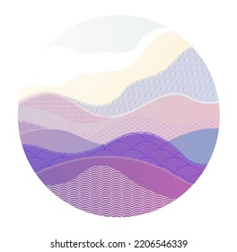 Oriental Japanese style vector abstract illustration in a shape of circle, background in Asian traditional style, wavy shapes and mountains terrain, runny like sea lines.