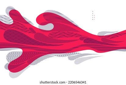 Oriental Japanese style vector abstract illustration in red color, background in Asian traditional style, wavy shapes and mountains terrain, runny like sea lines.