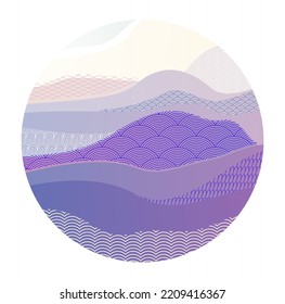 Oriental Japanese style vector abstract illustration in a shape of circle, background in Asian traditional style, wavy shapes and mountains terrain, runny like sea lines.