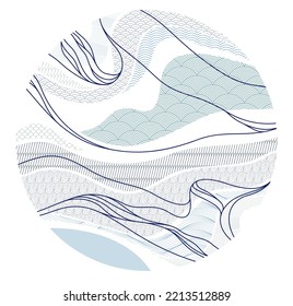 Oriental Japanese style vector abstract illustration in a shape of circle, background in Asian traditional style, wavy shapes and mountains terrain, runny like sea lines.