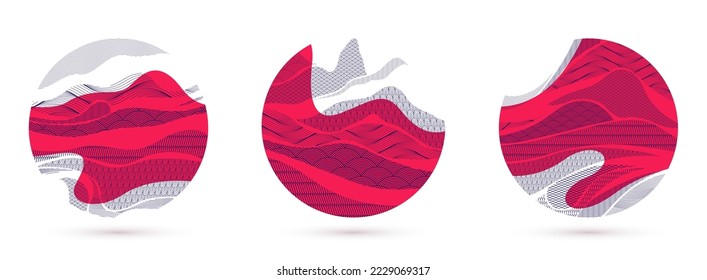 Oriental Japanese style vector abstract illustrations set in red color in a shape of circle, backgrounds in Asian traditional style, wavy shapes and mountains terrain, runny like sea lines.