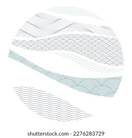Oriental Japanese style vector abstract illustration in a shape of circle, background in Asian traditional style, wavy shapes and mountains terrain, runny like sea lines.