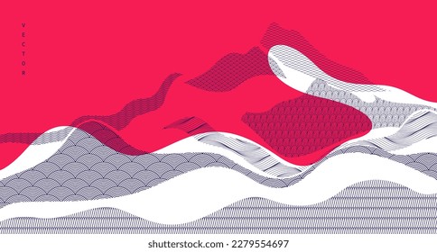Estilo japonés oriental vectorial ilustración abstracta en color rojo, fondo en estilo asiático tradicional, formas onduladas y terreno montañoso, rancia como líneas marinas.