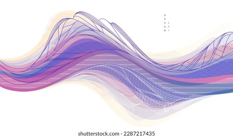 Oriental Japanese style vector abstract illustration, background in Asian traditional style, wavy shapes and mountains terrain, runny like sea lines.