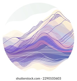 Oriental Japanese style vector abstract illustration in a shape of circle, background in Asian traditional style, wavy shapes and mountains terrain, runny like sea lines.