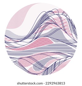 Oriental Japanese style vector abstract illustration in a shape of circle, background in Asian traditional style, wavy shapes and mountains terrain, runny like sea lines.