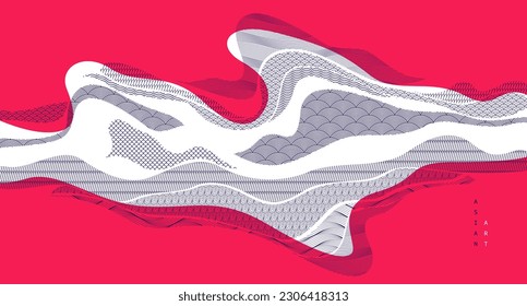 Oriental Japanese style vector abstract illustration in red color, background in Asian traditional style, wavy shapes and mountains terrain, runny like sea lines.