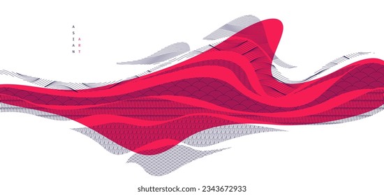 Oriental Japanese style vector abstract illustration in red color, background in Asian traditional style, wavy shapes and mountains terrain, runny like sea lines.