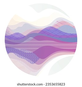 Oriental Japanese style vector abstract illustration in a shape of circle, background in Asian traditional style, wavy shapes and mountains terrain, runny like sea lines.