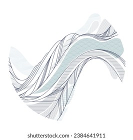 Oriental Japanese style vector abstract illustration in a shape of circle, background in Asian traditional style, wavy shapes and mountains terrain, runny like sea lines.