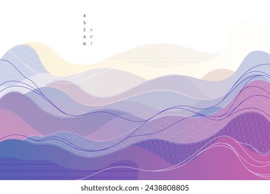 Oriental Japanese style vector abstract illustration, background in Asian traditional style, wavy shapes and mountains terrain, runny like sea lines.