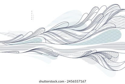 Oriental Japanese style vector abstract illustration, background in Asian traditional style, wavy shapes and mountains terrain, runny like sea lines.