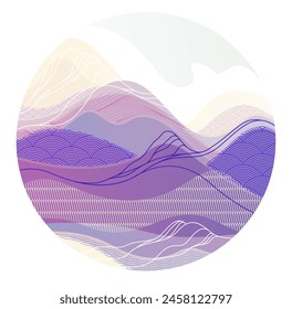 Oriental Japanese style vector abstract illustration in a shape of circle, background in Asian traditional style, wavy shapes and mountains terrain, runny like sea lines.