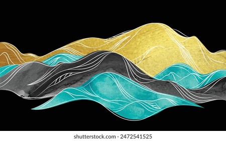 Oriental Japanese style vector abstract illustration, background in Asian traditional style, wavy shapes and mountains terrain, runny like sea lines.