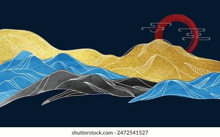 Oriental Japanese style vector abstract illustration, background in Asian traditional style, wavy shapes and mountains terrain, runny like sea lines.