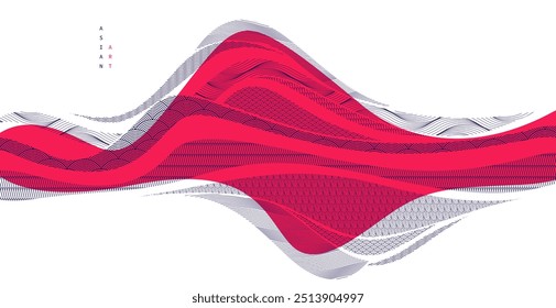 Ilustración abstracta del Vector del estilo japonés oriental en color rojo, fondo en estilo tradicional asiático, terreno ondulado de las Formas y de las montañas, runny como líneas de mar.