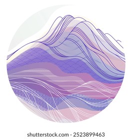 Oriental Japanese style vector abstract illustration in a shape of circle, background in Asian traditional style, wavy shapes and mountains terrain, runny like sea lines.