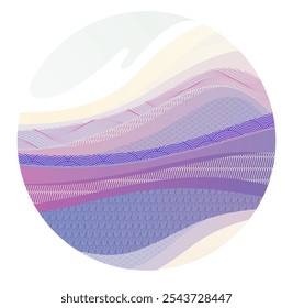 Vetor estilo japonês oriental ilustração abstrata em uma forma de círculo, fundo no estilo tradicional asiático, formas onduladas e terreno de montanhas, corrimento como linhas de mar.