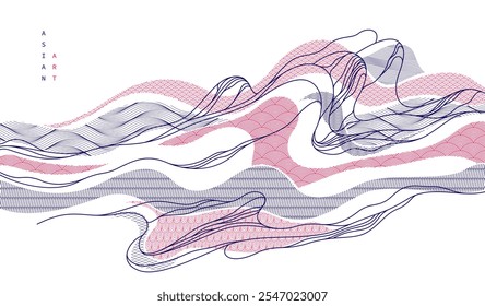 Oriental Japanese style vector abstract illustration, background in Asian traditional style, wavy shapes and mountains terrain, runny like sea lines.
