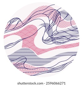 Oriental Japanese style vector abstract illustration in a shape of circle, background in Asian traditional style, wavy shapes and mountains terrain, runny like sea lines.