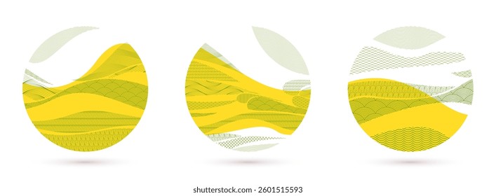 Oriental Japanese style vector abstract illustrations set in yellow color in a shape of circle, backgrounds in Asian traditional style, wavy shapes and mountains terrain, runny like sea lines.