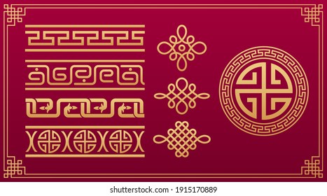 Oriental knots. Chinese pattern.  Asian knotting, asian decorative geometric ornament. Chinese and Japanese vector geometric and node gold pattern isolated on red background.