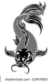 An Oriental Koi Or Coy Carp Fish In A Vintage Woodcut Style