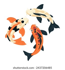 Oriental koi fishes. Cute swimming carps, koi carp fish, asian colorful koi fishes flat vector illustration set. Japanese koi carp fishes