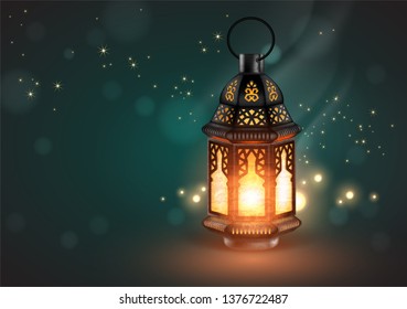 Oriental lamp with a filigree decoration on a blue background with backlight.  3D vector. High detailed realistic illustration