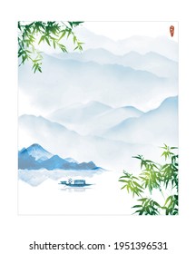 Oriental landscape with bamboo trees, mountains and fishing boat. Traditional oriental ink painting sumi-e, u-sin, go-hua.