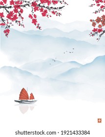 Oriental landscape with chinese fishing boat, sakura blossom and distant blue mountains. Traditional oriental ink painting sumi-e, u-sin, go-hua. Hieroglyph - happiness.