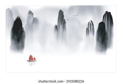 Paisaje oriental con barco de pesca y rocas de alta montaña. Tinta oriental tradicional sumi-e, u-sin, go-hua