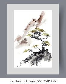 Oriental landscape with lonely bonsai tree growing on top of mountain on watercolor poster. Asian nature and landscape with mountainous terrain in summer weather, for travel brochure design