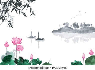 Oriental landscape with lotus flowers, fishing boat, bamboo and island with trees. Traditional oriental ink painting sumi-e, u-sin, go-hua