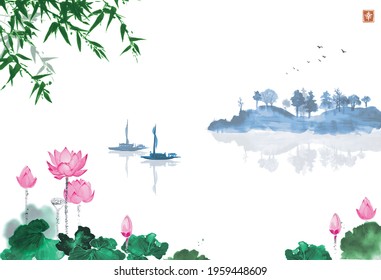 Oriental landscape with lotus flowers, fishing boat, bamboo and island with trees. Traditional oriental ink painting sumi-e, u-sin, go-hua. Hieroglyph - happiness