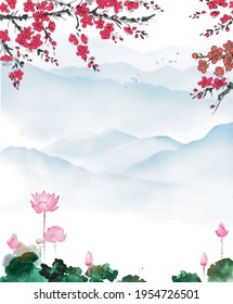 Oriental landscape with lotus flowers, sakura and blue mountains. Traditional oriental ink painting sumi-e, u-sin, go-hua