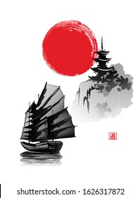 Oriental landscape with a pagoda and a sailing boat. Vector illustration in traditional oriental style. Hieroglyph - Tao, Way.