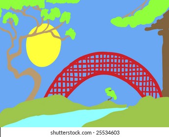 oriental landscape with traditional bridge
