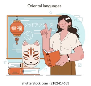 Concepto de lengua oriental. Escuela japonesa o china escuchando, leyendo y hablando. Lenguas extranjeras estudiando. Idea de comunicación global. Ilustración vectorial plana