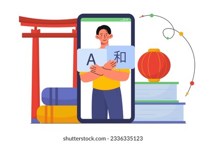 Concepto de aplicación móvil en lengua oriental. Joven con la traducción de jeroglíficos. Material educativo, aprendizaje y formación. Cultura y etnia japonesa. Dibujo vectorial plano de dibujos animados