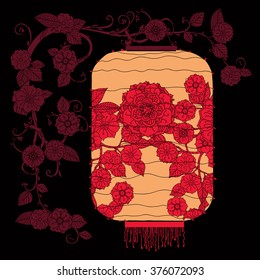 Oriental lantern decorated with floral patterns hang on tree Red on black background