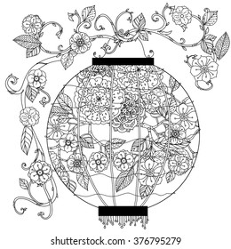 Oriental lantern decorated with floral patterns Zentangle interpretation. Black and white. Vector illustration. The best for your design, textiles, posters, coloring book