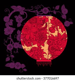 Oriental lantern decorated with floral patterns hang on tree Red on black background