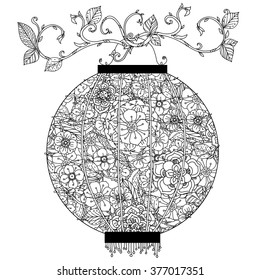 Oriental lantern decorated with floral patterns Zentangle interpretation. Black and white. Vector illustration. The best for your design, textiles, posters, coloring book