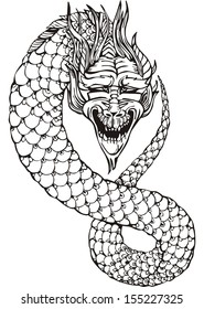 Oriental legless dragon. Black and white vector illustration.