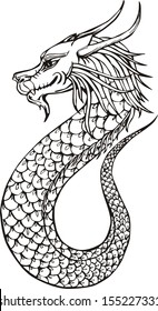 Oriental legless dragon. Black and white vector illustration.